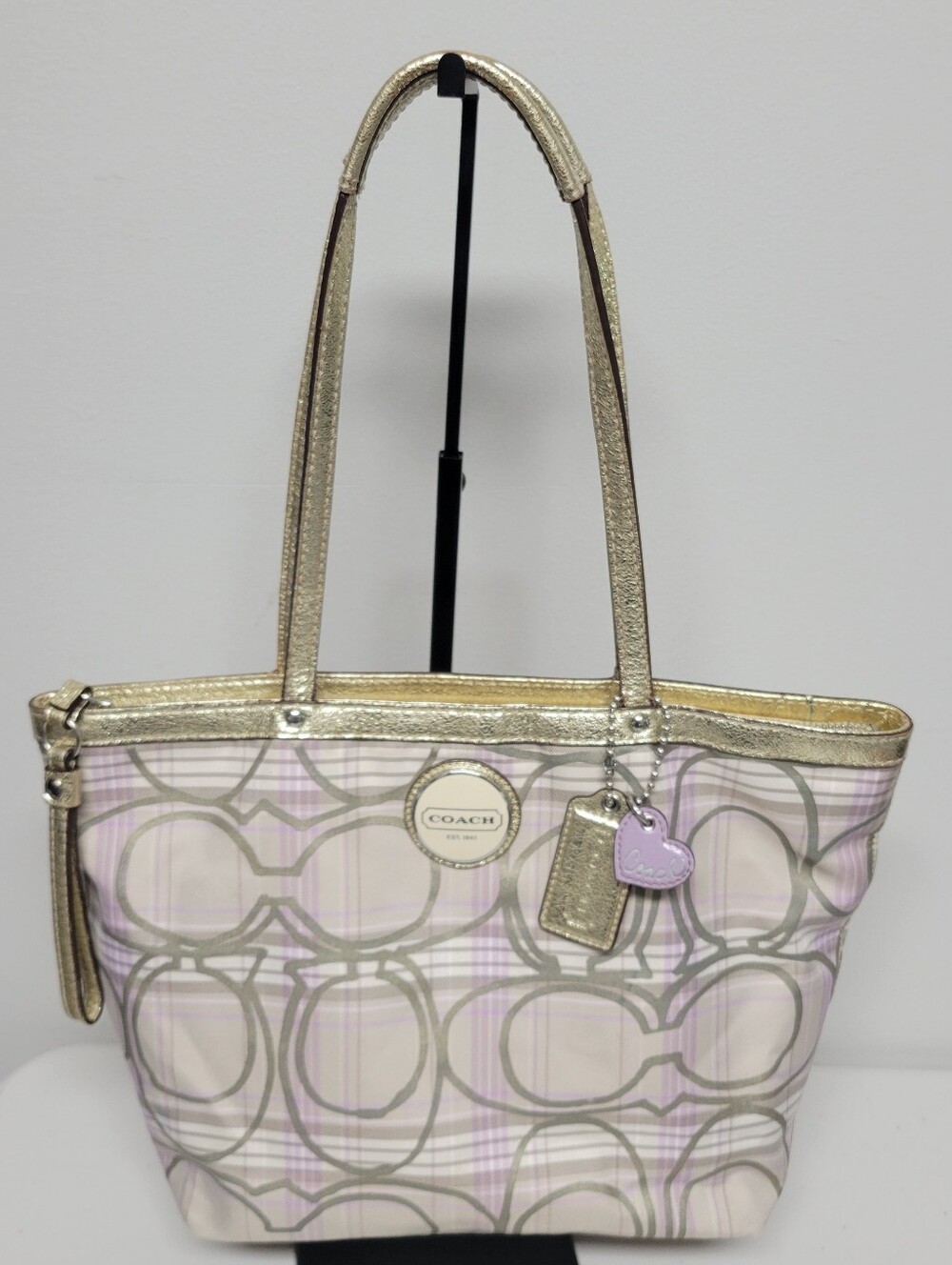 Coach Pastel Metallic Plaid Signature Logo Tote Bag.